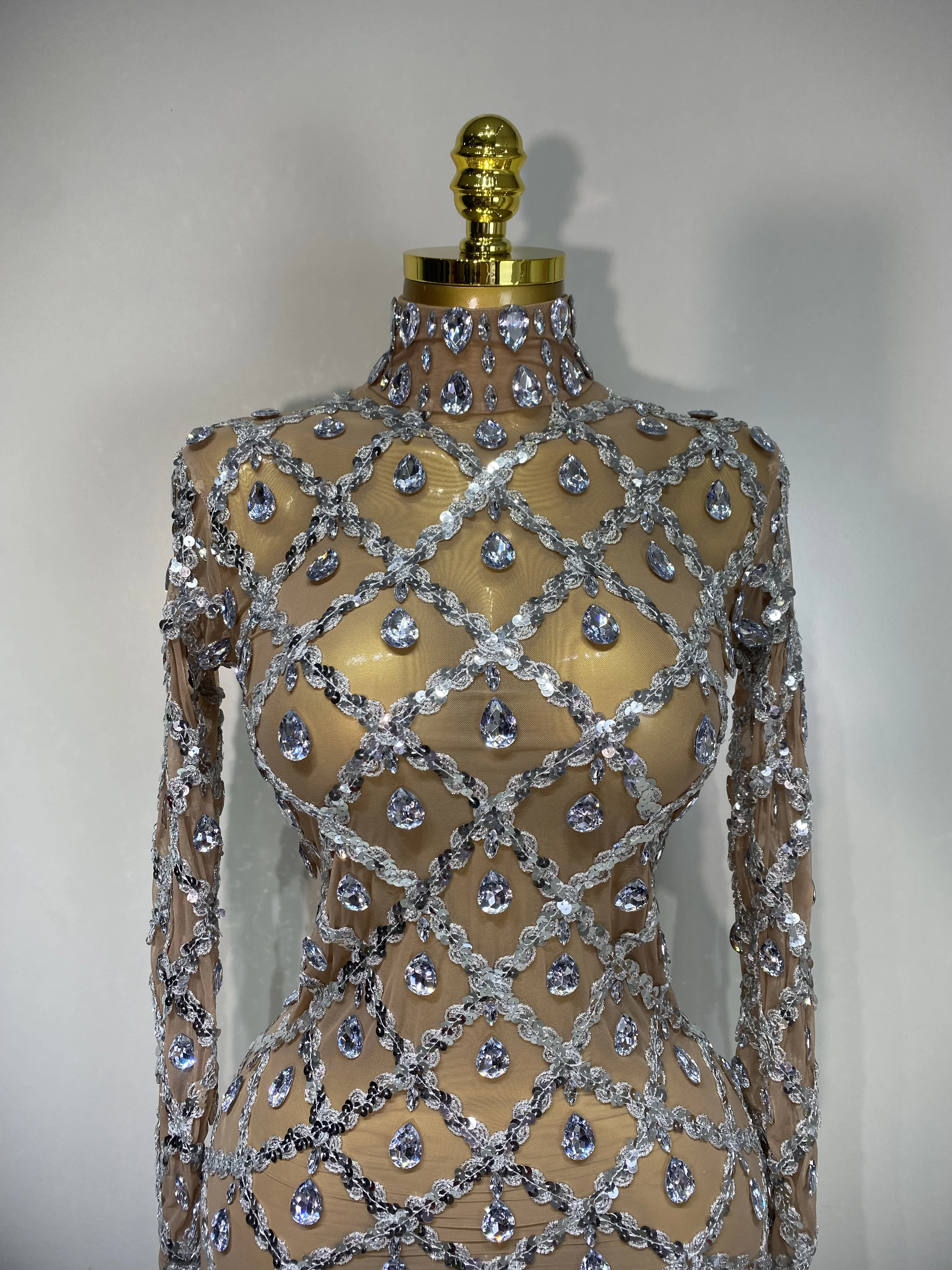 Women Sexy Luxury Birthday Dress Stage Shining Rhinestone Sequin Long Dress Evening Prom Gown Transparent Singer Club Host Dress