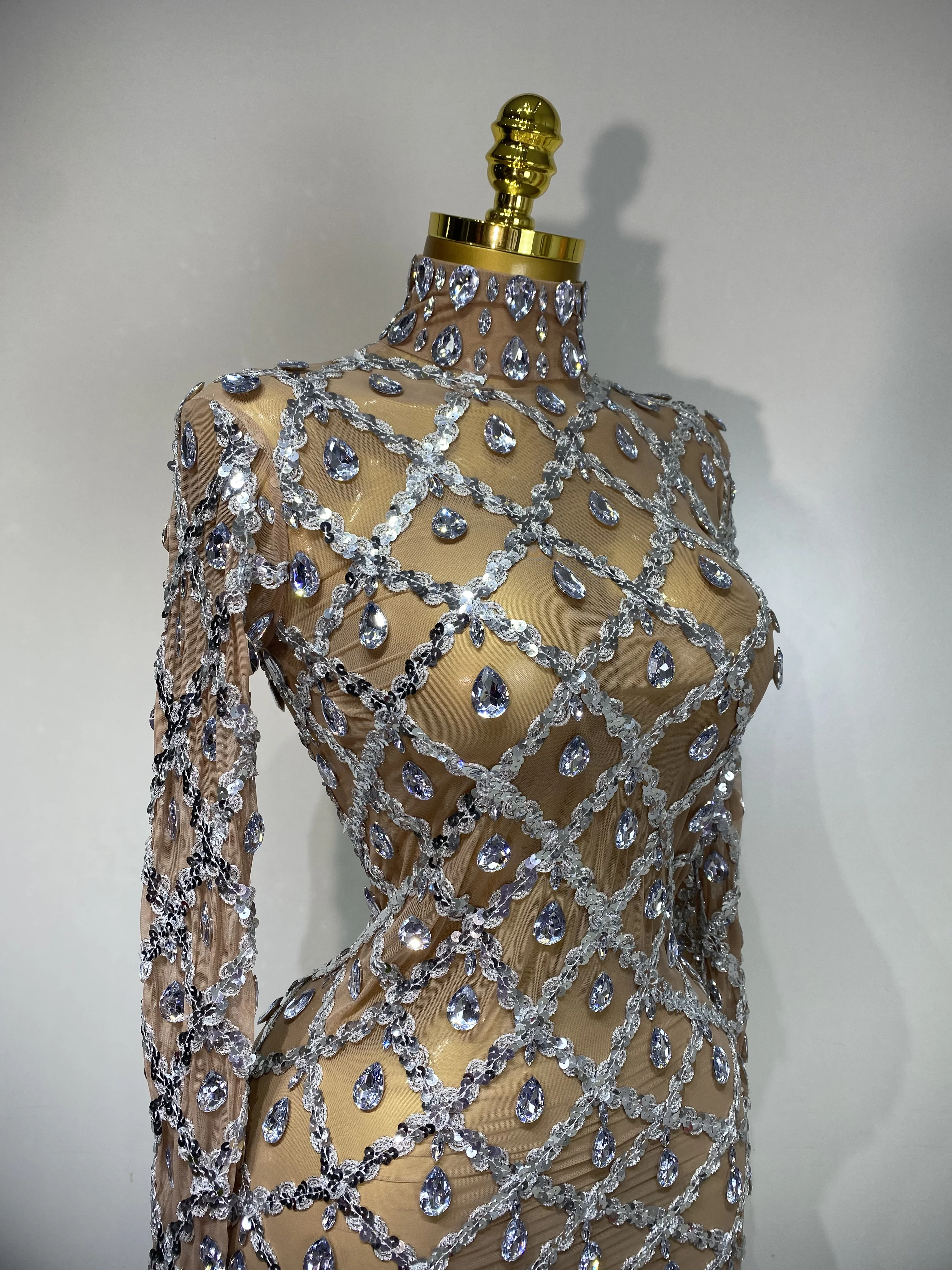 Women Sexy Luxury Birthday Dress Stage Shining Rhinestone Sequin Long Dress Evening Prom Gown Transparent Singer Club Host Dress