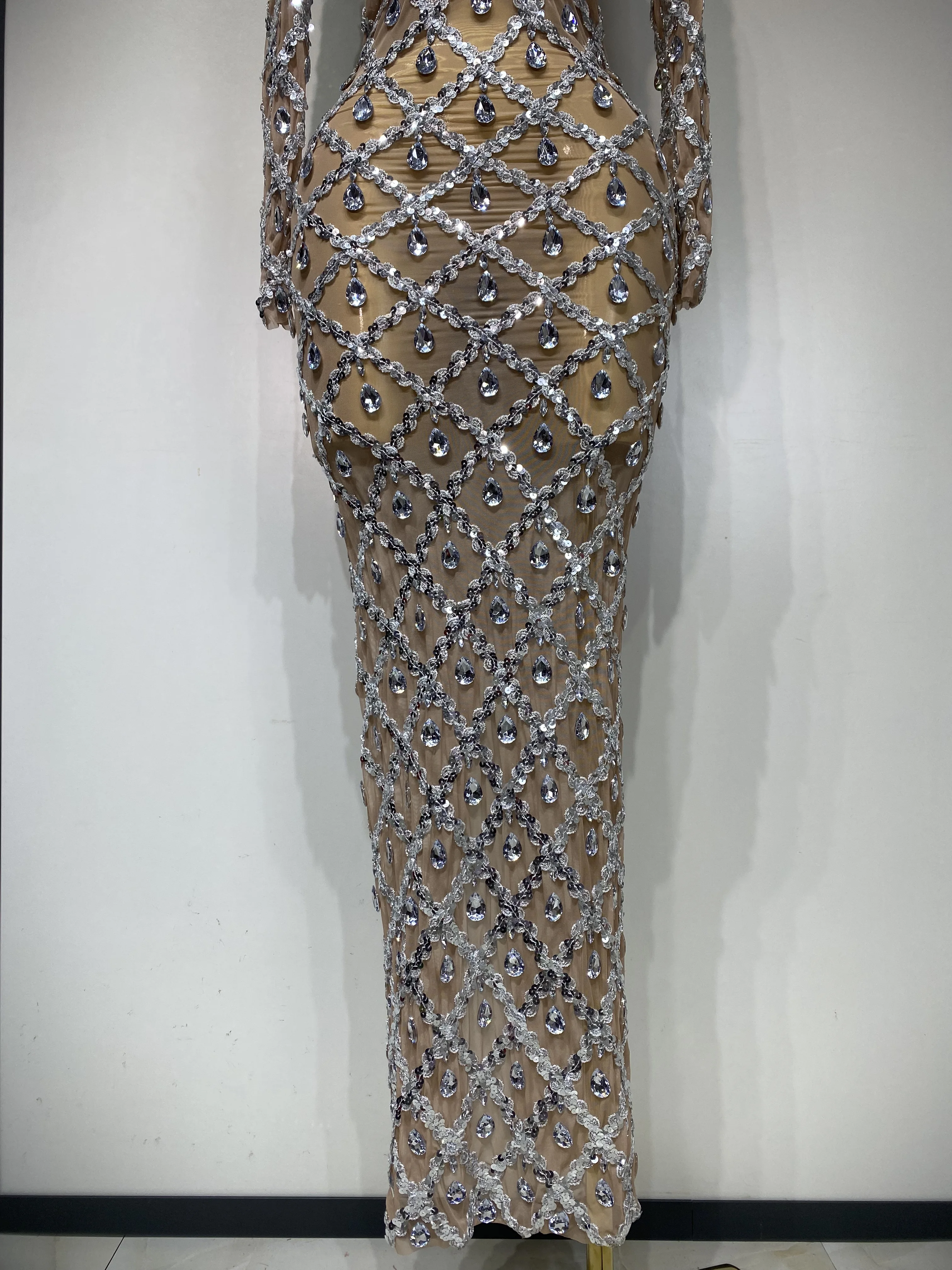 Women Sexy Luxury Birthday Dress Stage Shining Rhinestone Sequin Long Dress Evening Prom Gown Transparent Singer Club Host Dress