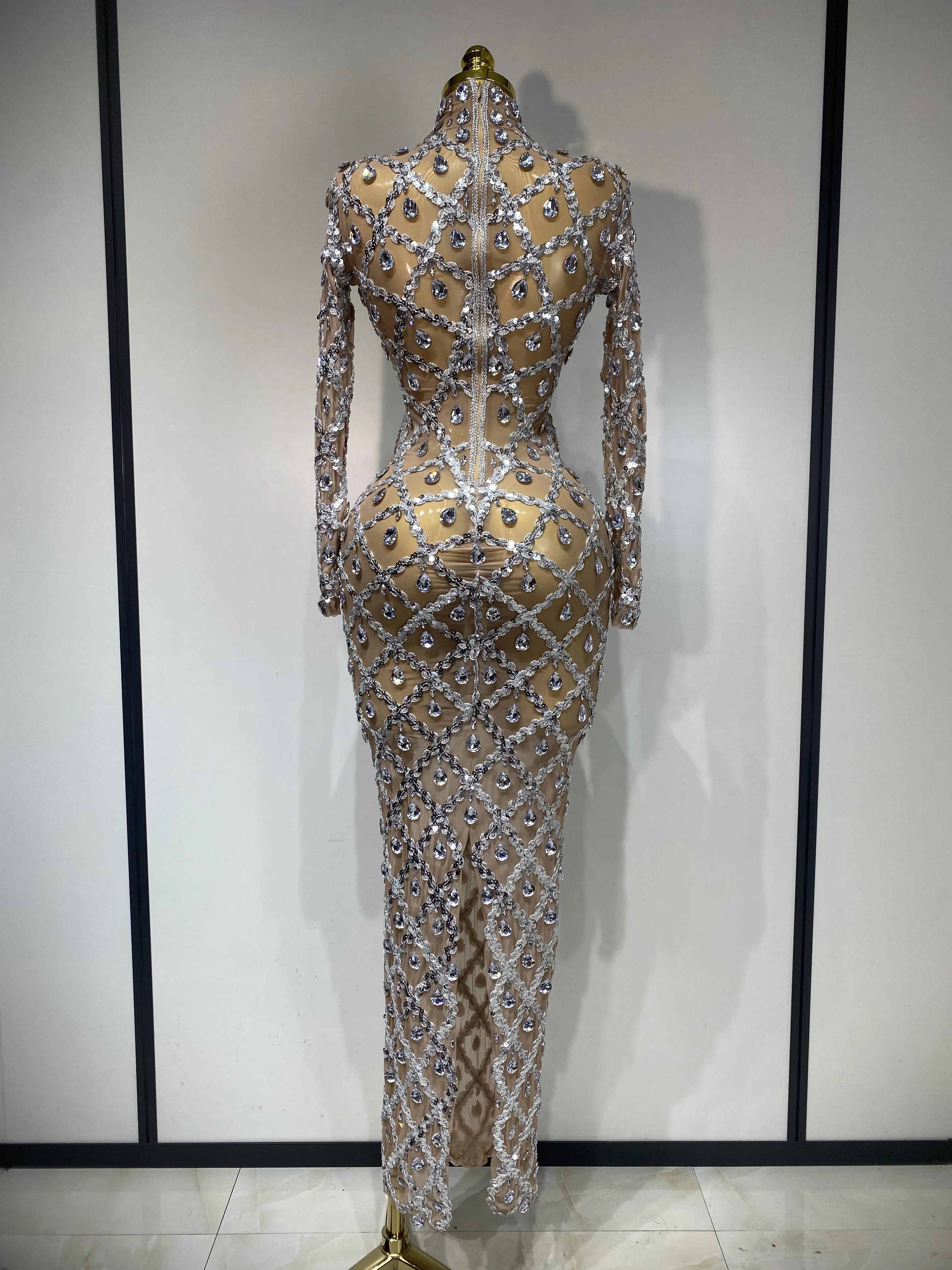 Women Sexy Luxury Birthday Dress Stage Shining Rhinestone Sequin Long Dress Evening Prom Gown Transparent Singer Club Host Dress