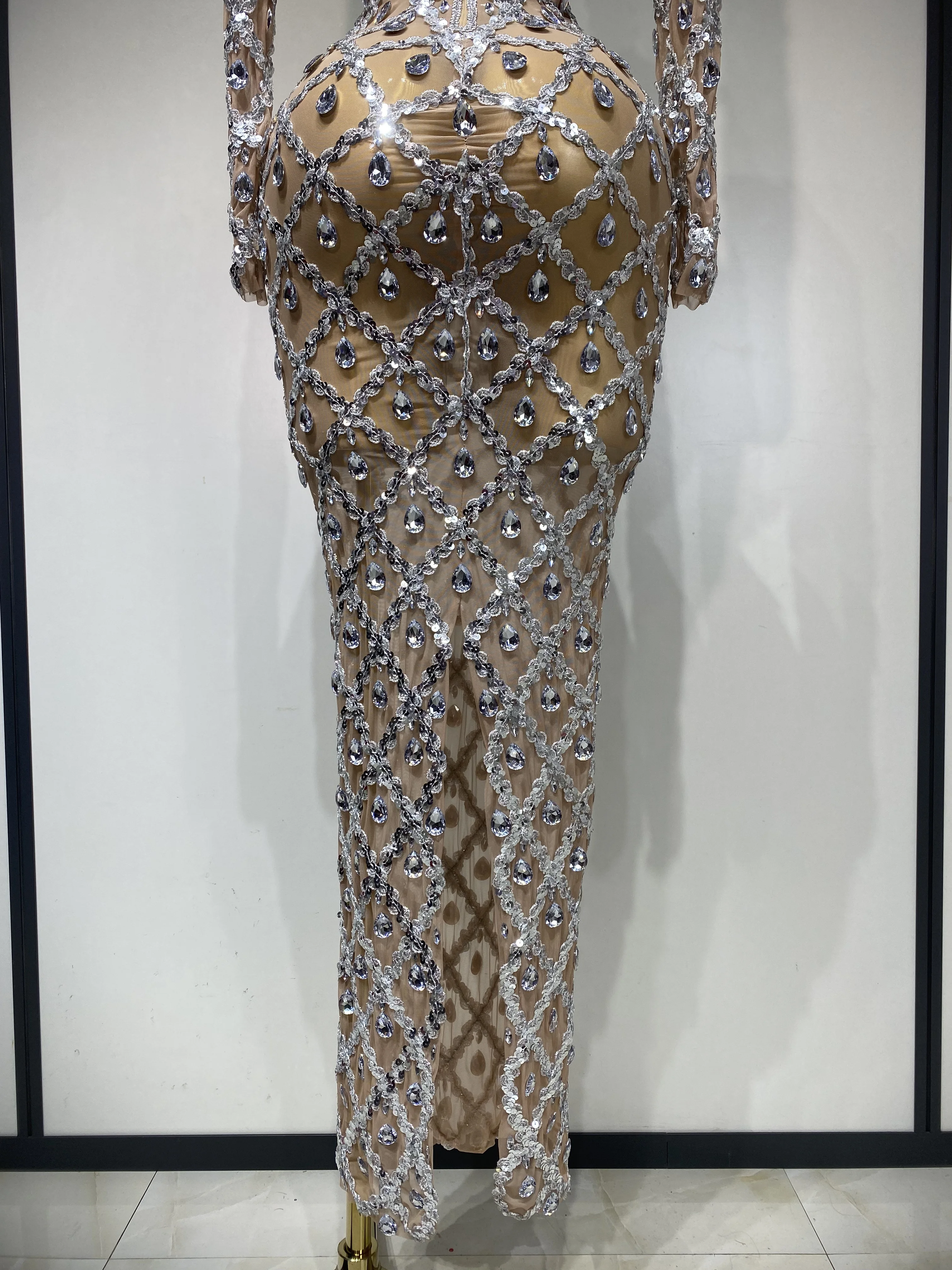 Women Sexy Luxury Birthday Dress Stage Shining Rhinestone Sequin Long Dress Evening Prom Gown Transparent Singer Club Host Dress
