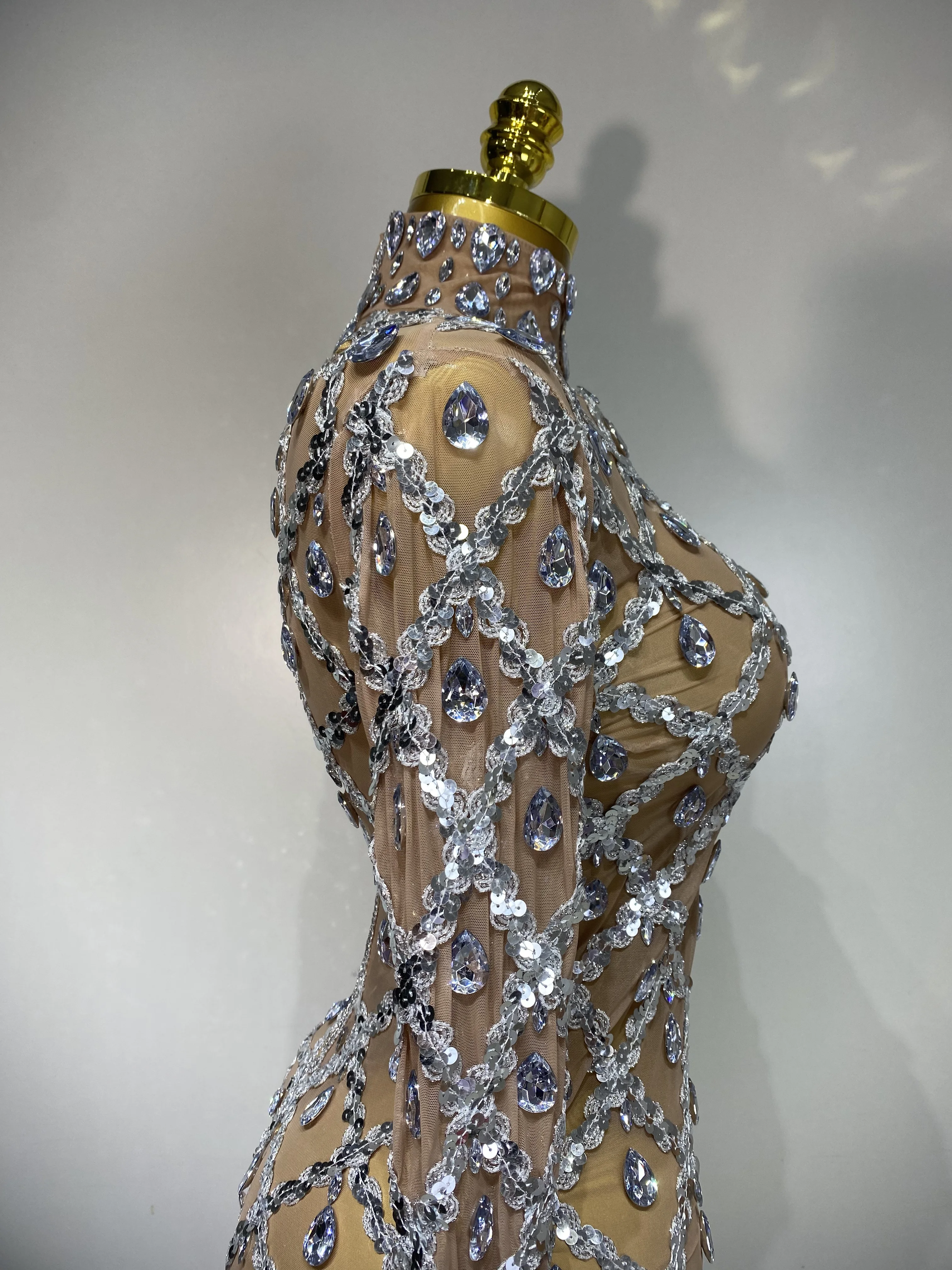 Women Sexy Luxury Birthday Dress Stage Shining Rhinestone Sequin Long Dress Evening Prom Gown Transparent Singer Club Host Dress