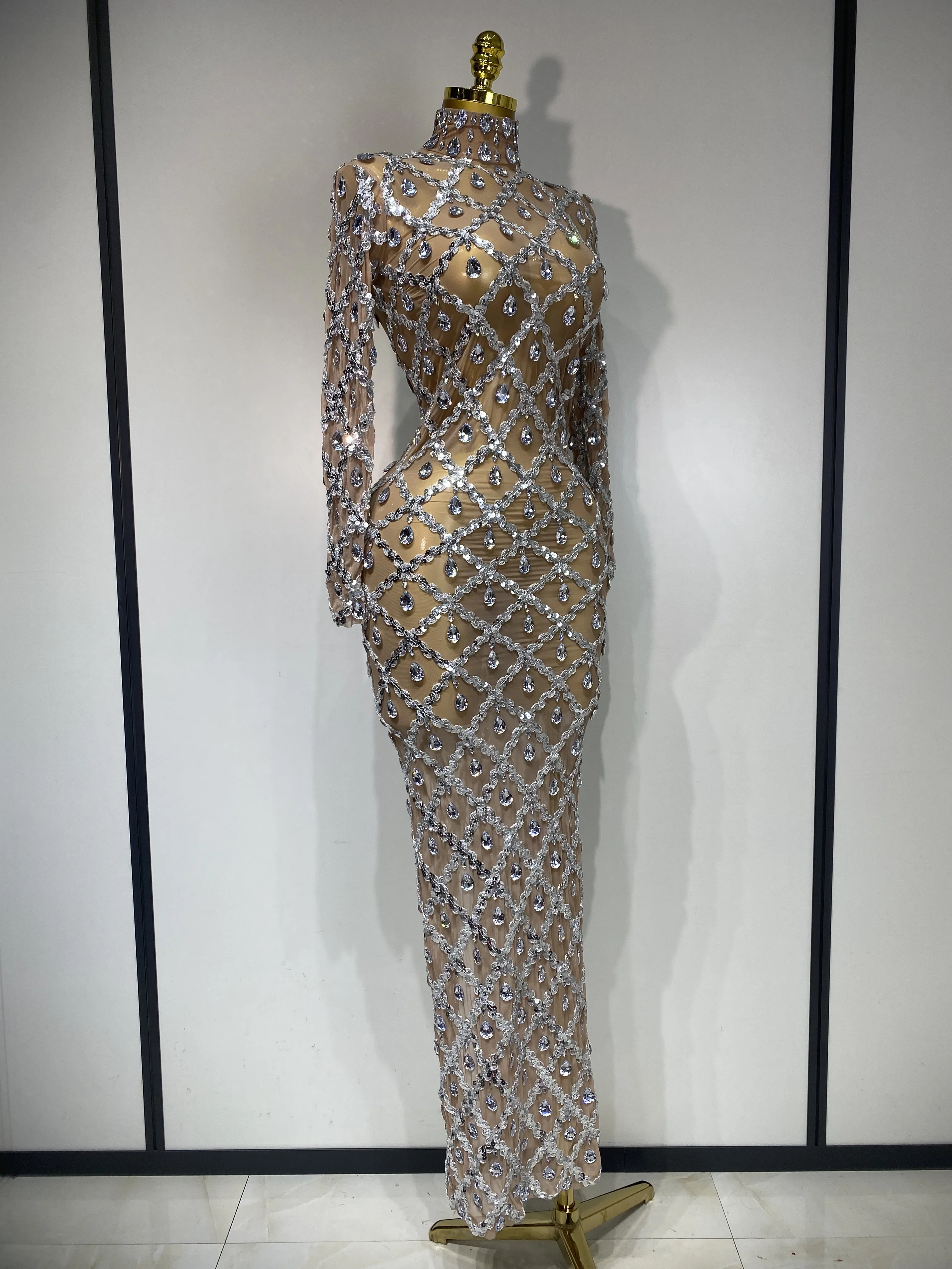 Women Sexy Luxury Birthday Dress Stage Shining Rhinestone Sequin Long Dress Evening Prom Gown Transparent Singer Club Host Dress