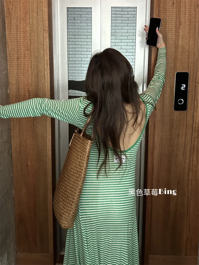 Vestidos De Mujer Elegantes Women Green Striped Backless Long Sleeved Dress 2026 Korean Chic American Grunge Loose