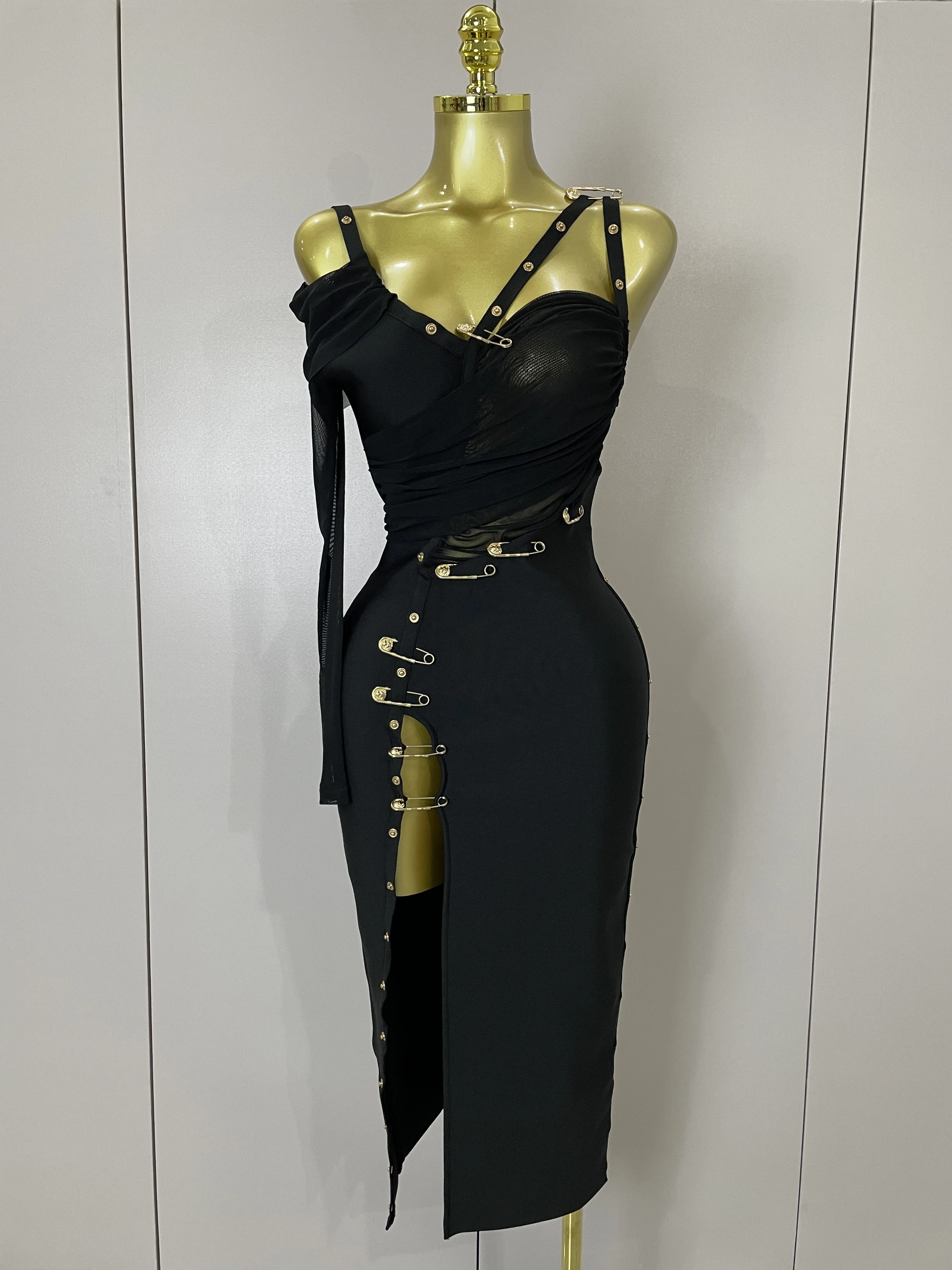 2025 New Chic Elegant Pin Split Sexy One Shoulder Bandage Long Dress Women Evening Party Club Luxury Birthday Dresses Vestidos