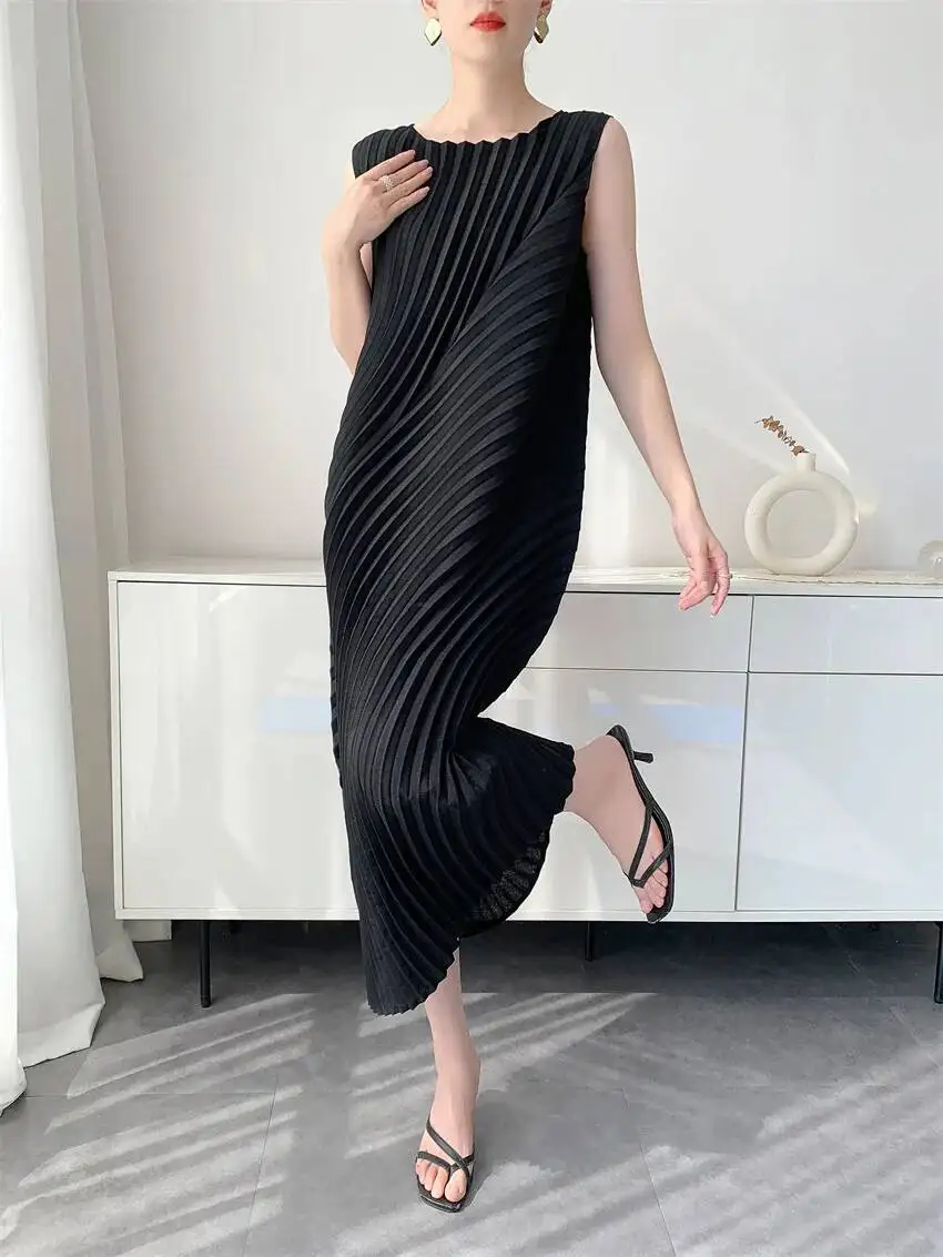 LANMREM Handmade Pleated Women's Sleeveless Summer Dress Wave Pattern Irregular Loose O-neck Mid-Length Pleated Dresses 2DB4814