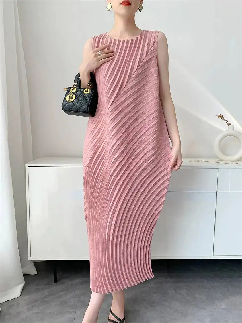 LANMREM Handmade Pleated Women's Sleeveless Summer Dress Wave Pattern Irregular Loose O-neck Mid-Length Pleated Dresses 2DB4814