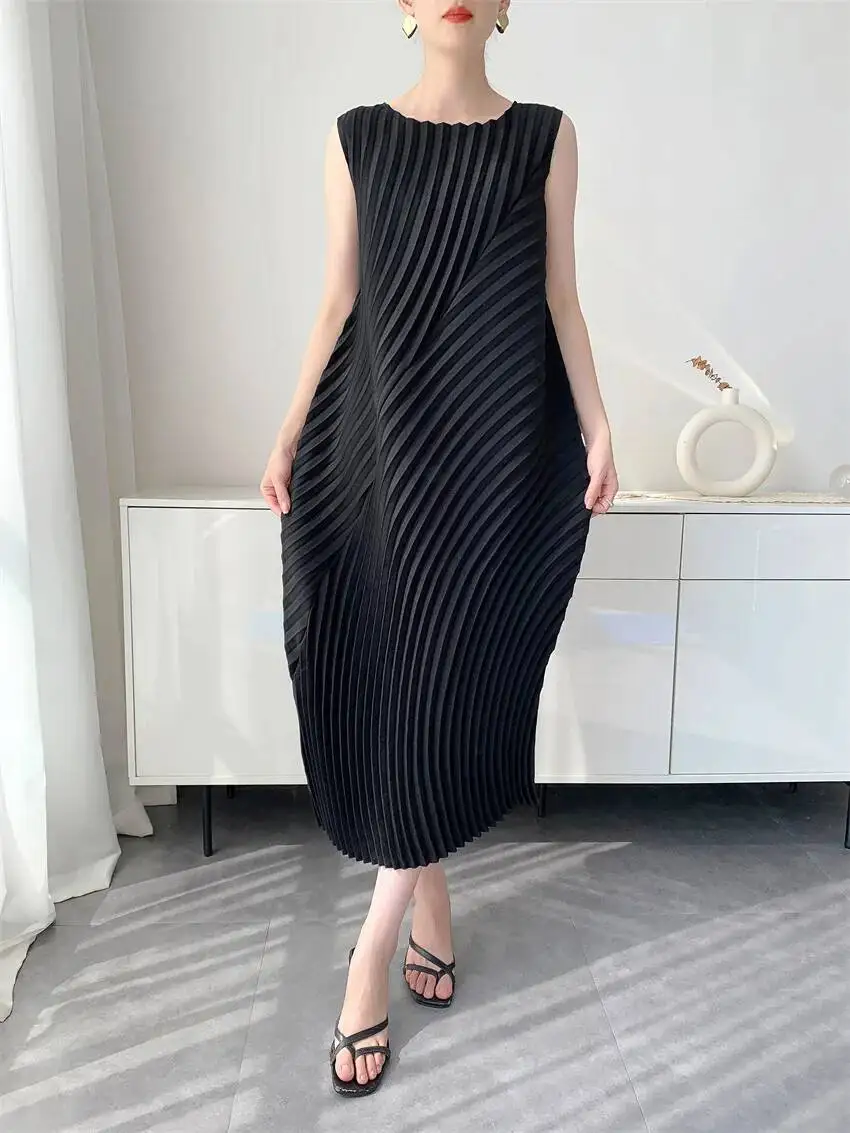 LANMREM Handmade Pleated Women's Sleeveless Summer Dress Wave Pattern Irregular Loose O-neck Mid-Length Pleated Dresses 2DB4814