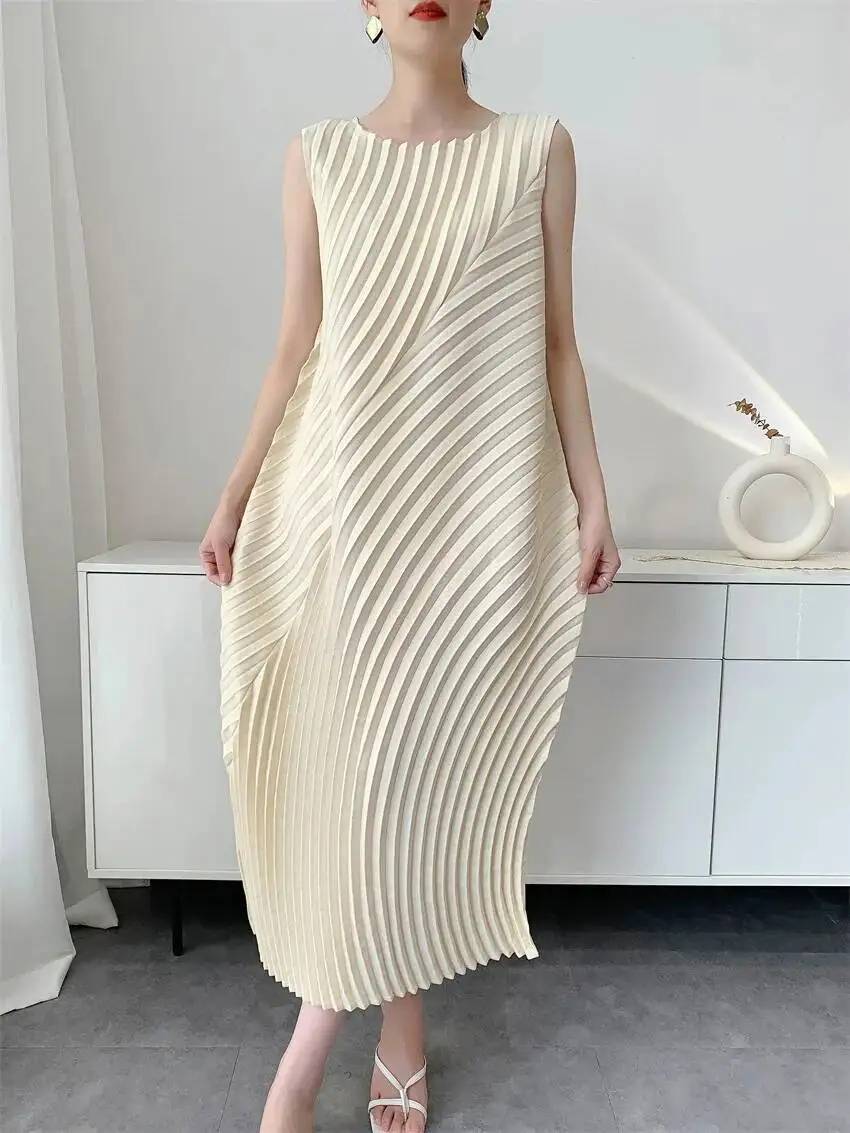 LANMREM Handmade Pleated Women's Sleeveless Summer Dress Wave Pattern Irregular Loose O-neck Mid-Length Pleated Dresses 2DB4814