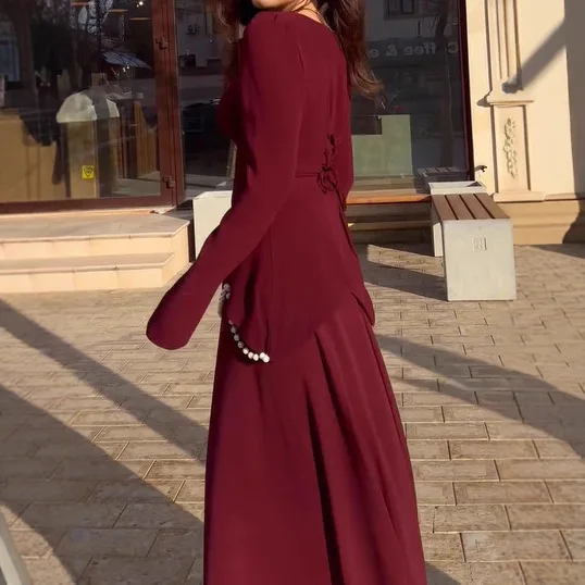 2025 New Fashion Women's Solid Color Casual Trendy A-line Square Neck Long Sleeve Spliced Ankle Length Dresses Female Clothes