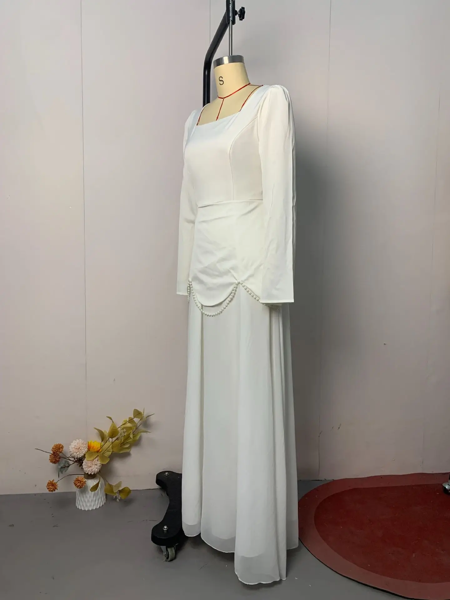 2025 New Fashion Women's Solid Color Casual Trendy A-line Square Neck Long Sleeve Spliced Ankle Length Dresses Female Clothes