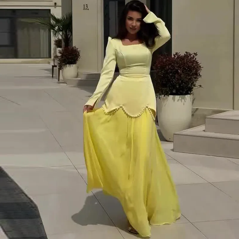 2025 New Fashion Women's Solid Color Casual Trendy A-line Square Neck Long Sleeve Spliced Ankle Length Dresses Female Clothes