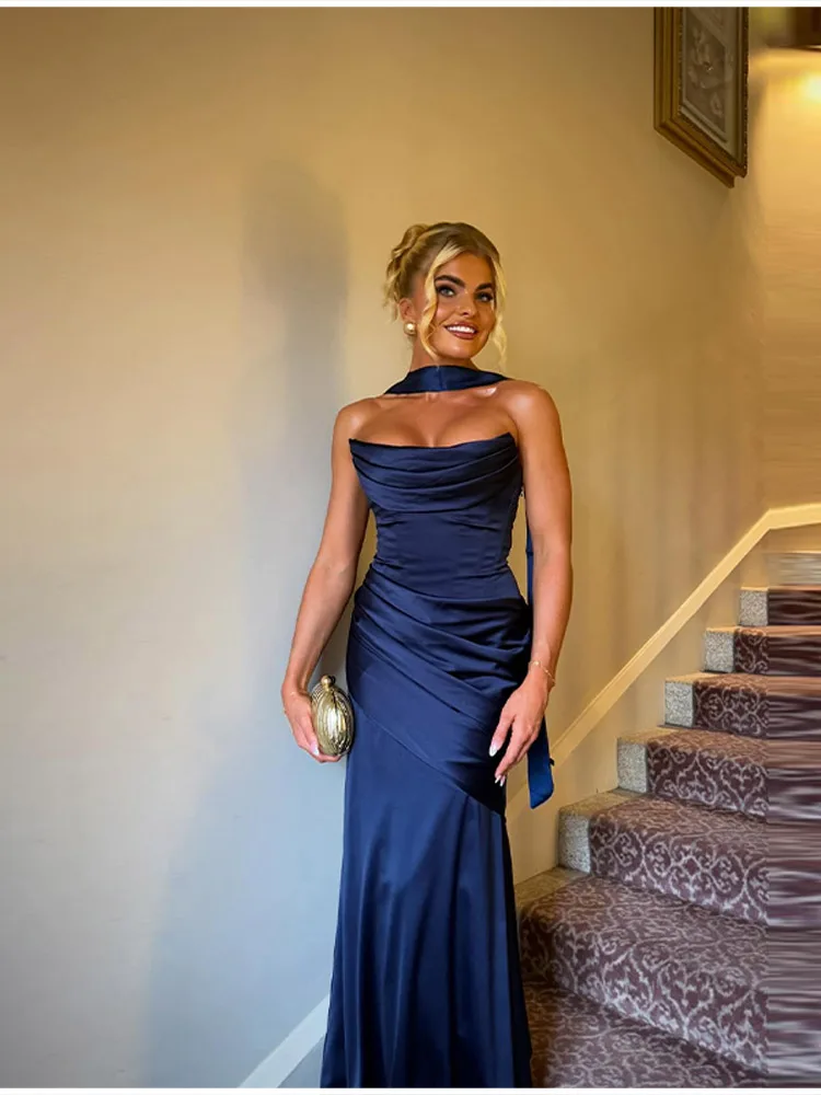 Women Sexy Pleated Strapless Satin Dress Chic Solid Off-Shoulder Backless High Waist Bodycon Dresses 2026 New Evening Party Gown