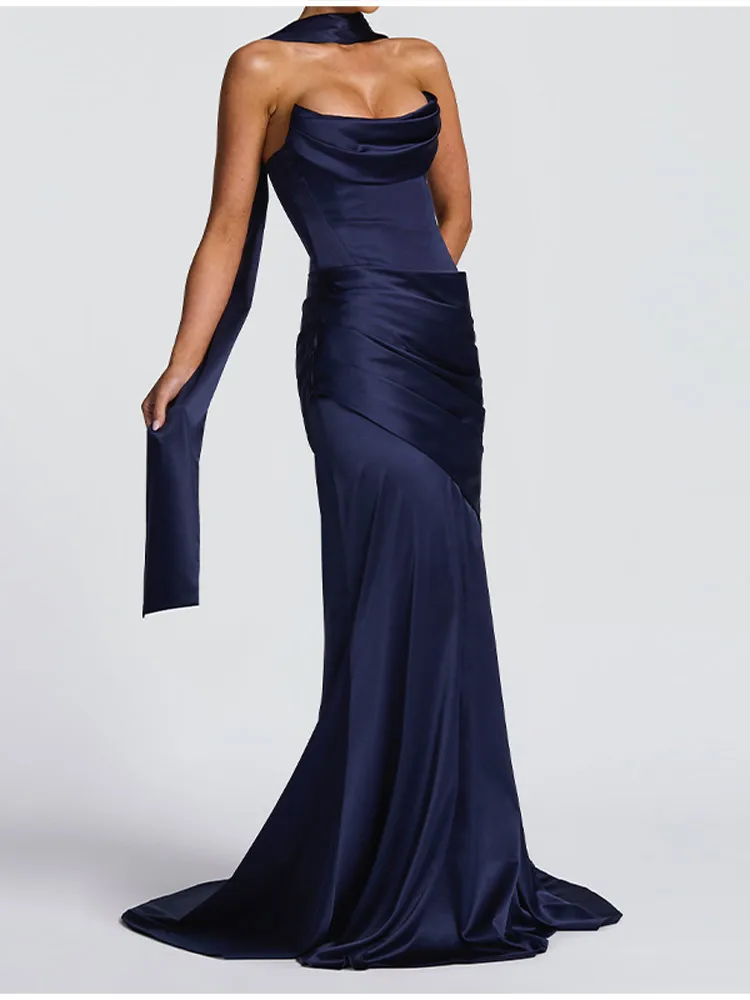Women Sexy Pleated Strapless Satin Dress Chic Solid Off-Shoulder Backless High Waist Bodycon Dresses 2026 New Evening Party Gown