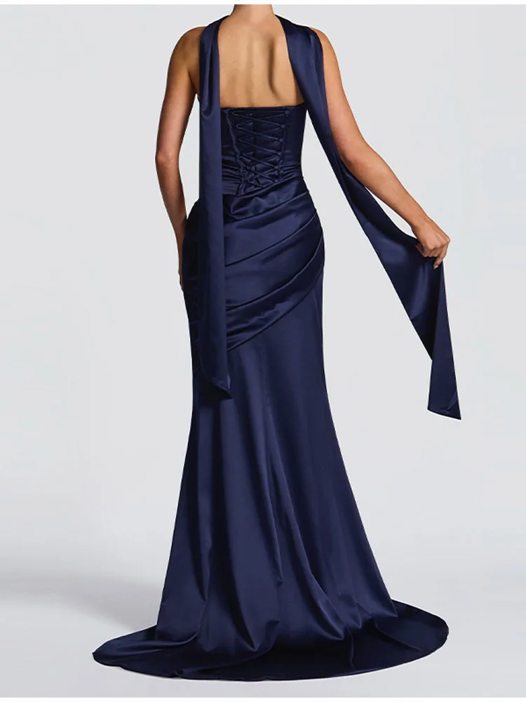 Women Sexy Pleated Strapless Satin Dress Chic Solid Off-Shoulder Backless High Waist Bodycon Dresses 2026 New Evening Party Gown