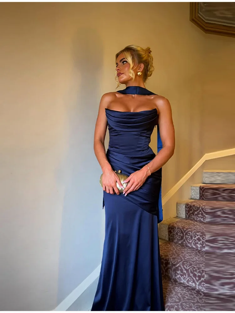 Women Sexy Pleated Strapless Satin Dress Chic Solid Off-Shoulder Backless High Waist Bodycon Dresses 2026 New Evening Party Gown