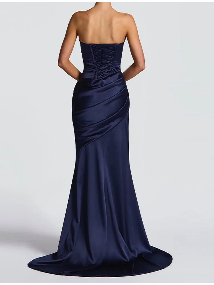 Women Sexy Pleated Strapless Satin Dress Chic Solid Off-Shoulder Backless High Waist Bodycon Dresses 2026 New Evening Party Gown