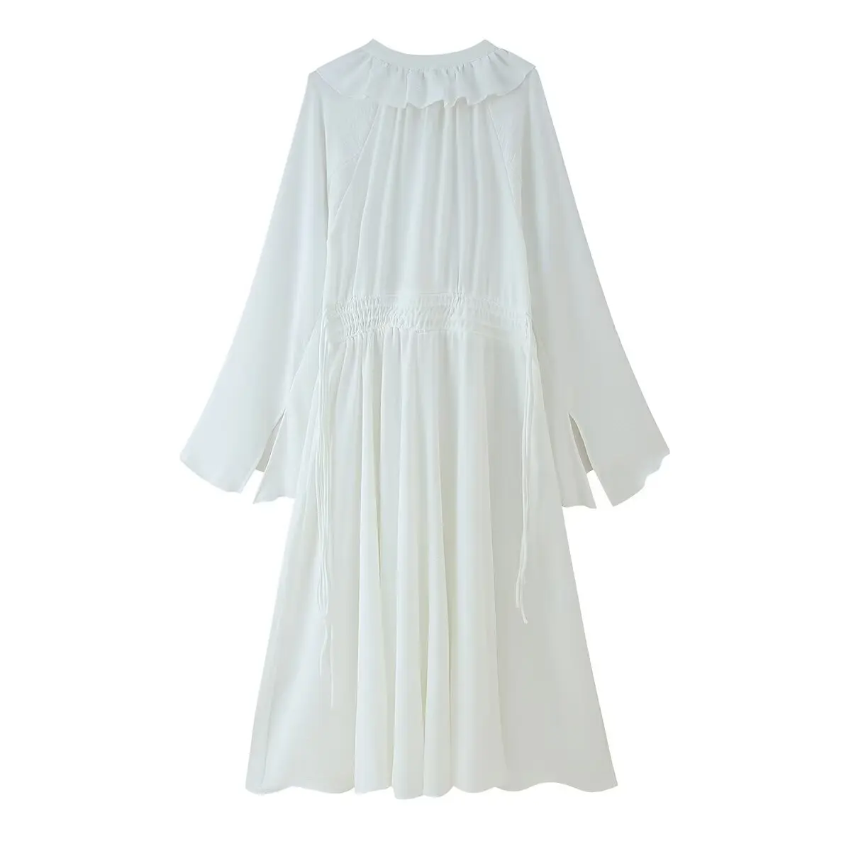 HH Female Beach Style Long Dress White V-Neck Long Sleeves Flounced Edge Lace-Up Decoration Women Summer Fashion Dresses