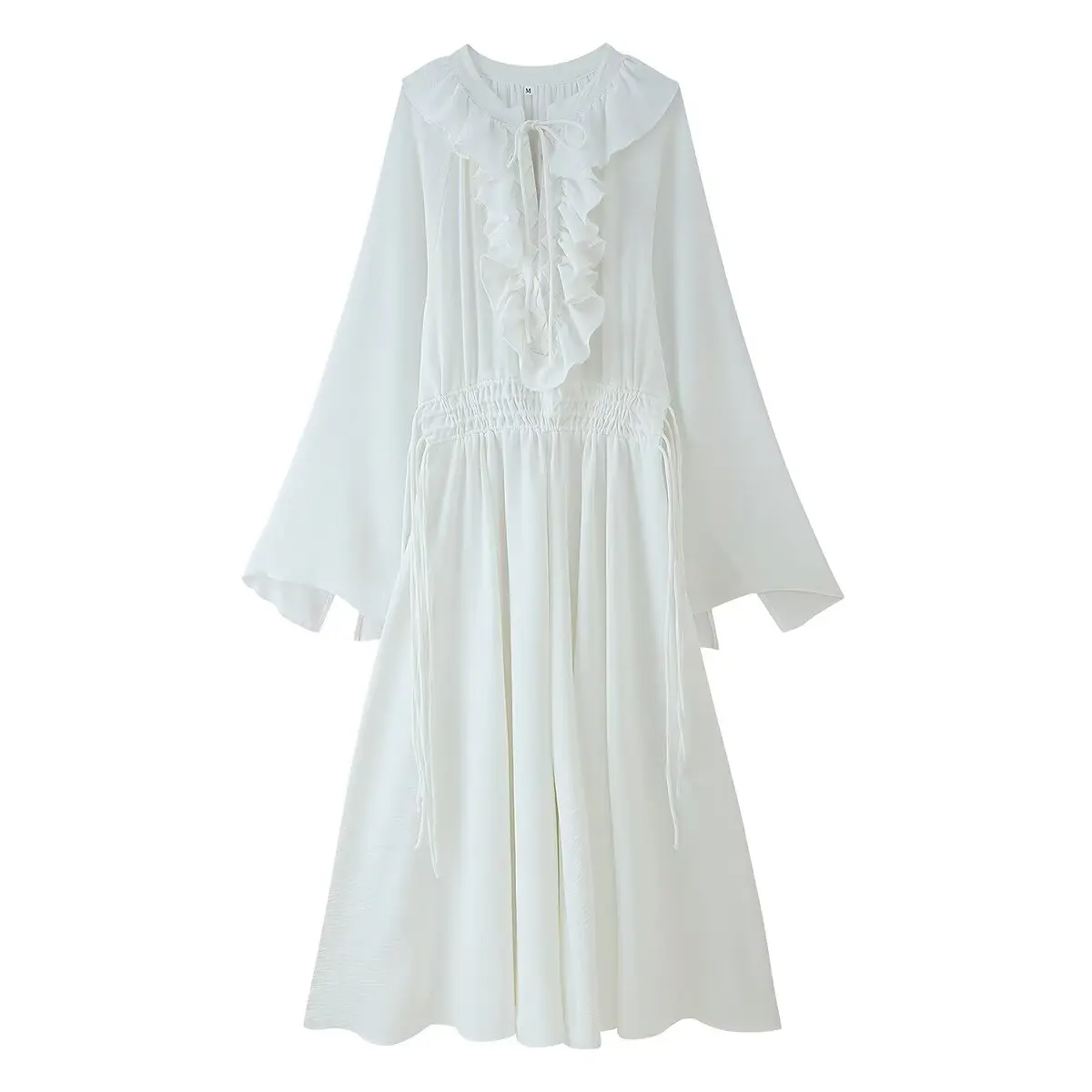 HH Female Beach Style Long Dress White V-Neck Long Sleeves Flounced Edge Lace-Up Decoration Women Summer Fashion Dresses
