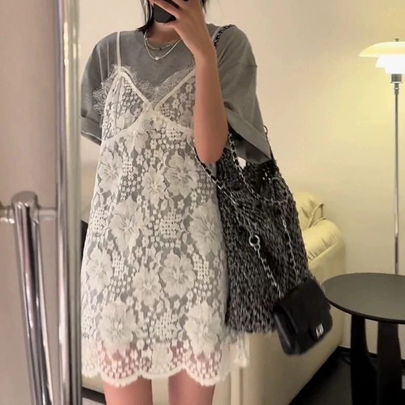 V-neck White Eyelet Lace Slip Dress Women's Summer Transparent One-piece Dress Elegant Ladies Sleeveless Cover-Up Short Dress