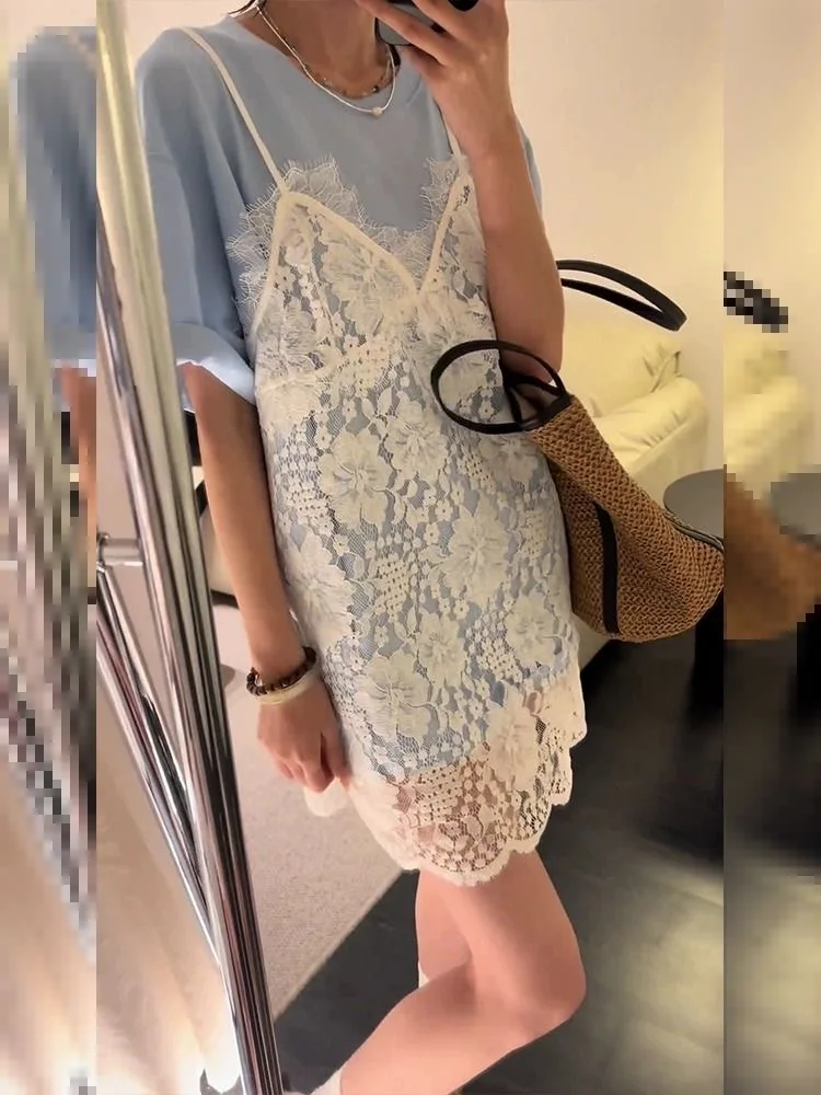 V-neck White Eyelet Lace Slip Dress Women's Summer Transparent One-piece Dress Elegant Ladies Sleeveless Cover-Up Short Dress