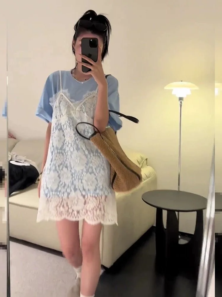 V-neck White Eyelet Lace Slip Dress Women's Summer Transparent One-piece Dress Elegant Ladies Sleeveless Cover-Up Short Dress
