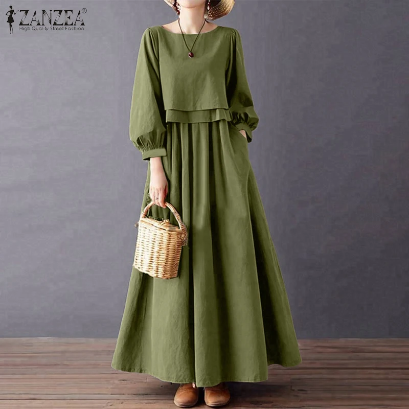 ZANZEA Women Casual Retro Maxi Dresses Boatneck Lantern Sleeve Solid Color Layered A-Line Long Dress Spring Baggy Robes Femme