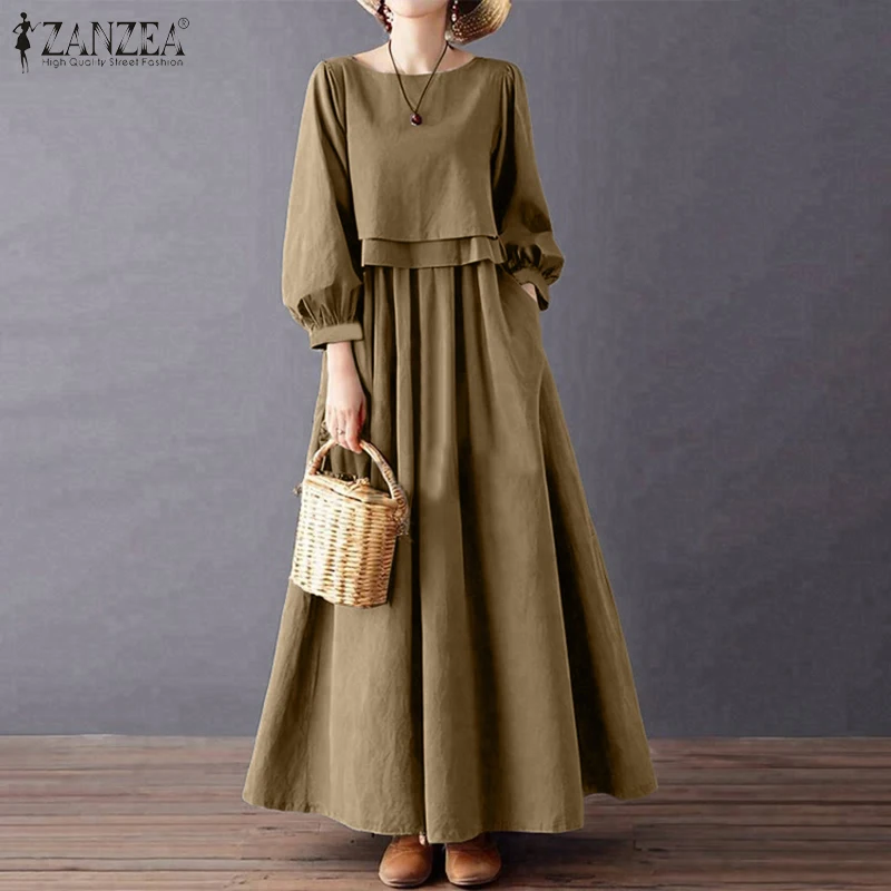 ZANZEA Women Casual Retro Maxi Dresses Boatneck Lantern Sleeve Solid Color Layered A-Line Long Dress Spring Baggy Robes Femme