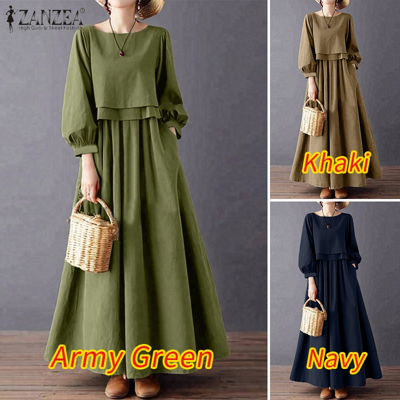 ZANZEA Women Casual Retro Maxi Dresses Boatneck Lantern Sleeve Solid Color Layered A-Line Long Dress Spring Baggy Robes Femme