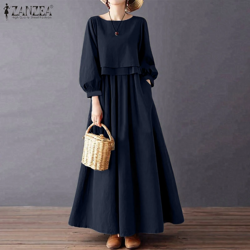 ZANZEA Women Casual Retro Maxi Dresses Boatneck Lantern Sleeve Solid Color Layered A-Line Long Dress Spring Baggy Robes Femme