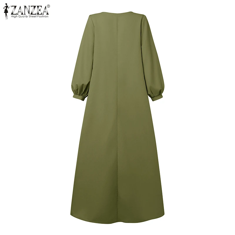 ZANZEA Women Casual Retro Maxi Dresses Boatneck Lantern Sleeve Solid Color Layered A-Line Long Dress Spring Baggy Robes Femme