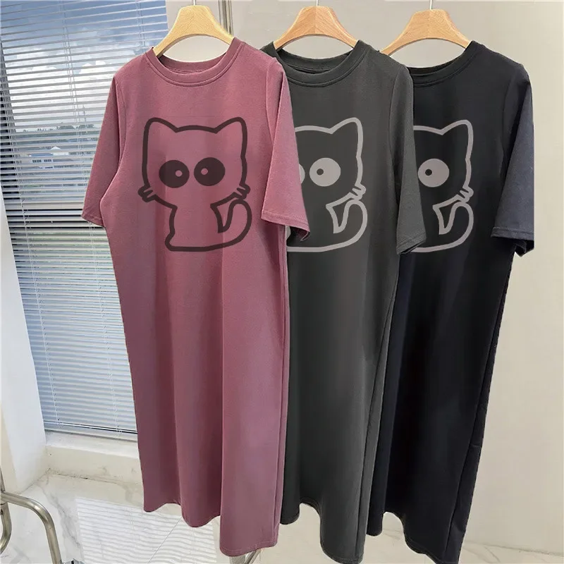 Cartoon cat print short-sleeved women's new summer and autumn loose round neck home dress