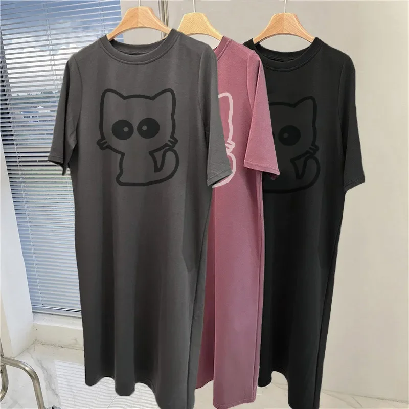 Cartoon cat print short-sleeved women's new summer and autumn loose round neck home dress