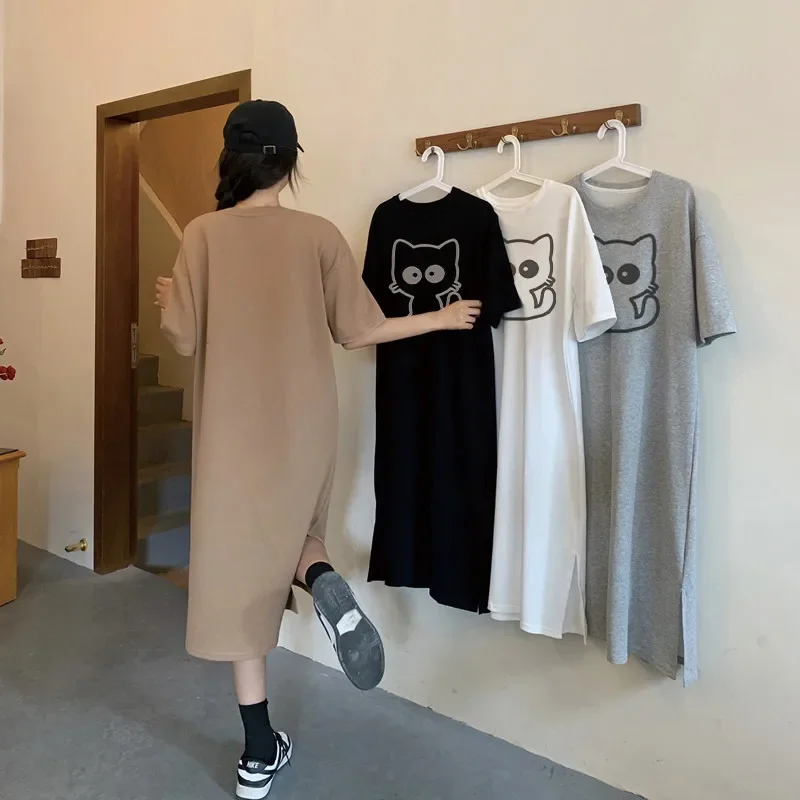 Cartoon cat print short-sleeved women's new summer and autumn loose round neck home dress