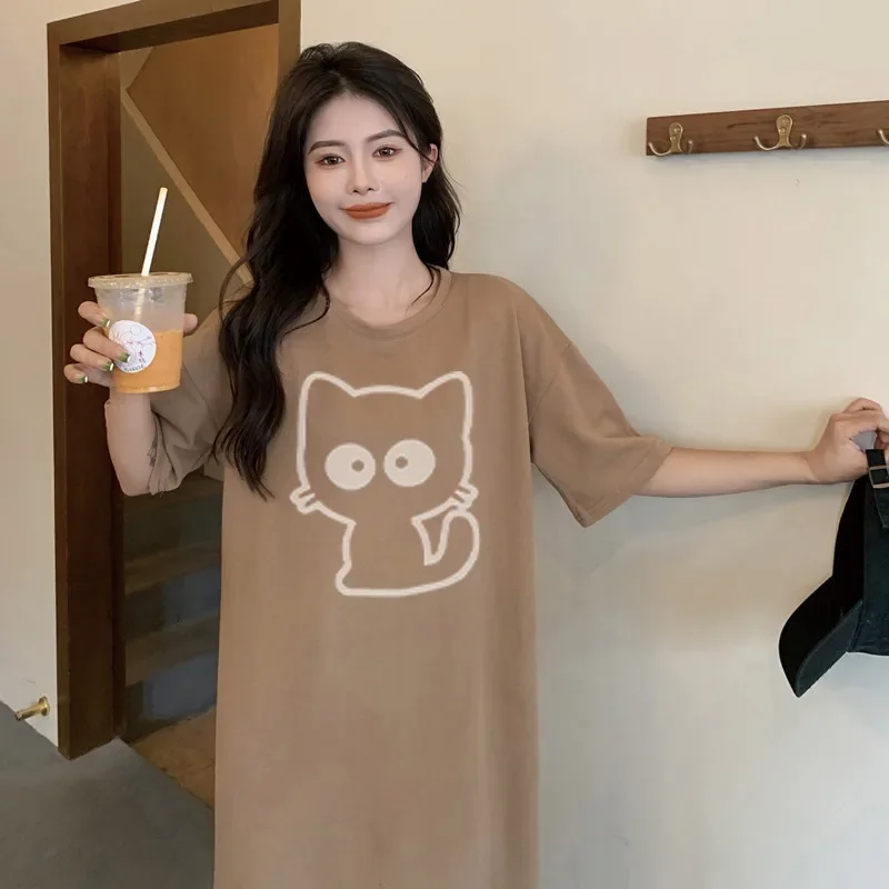 Cartoon cat print short-sleeved women's new summer and autumn loose round neck home dress