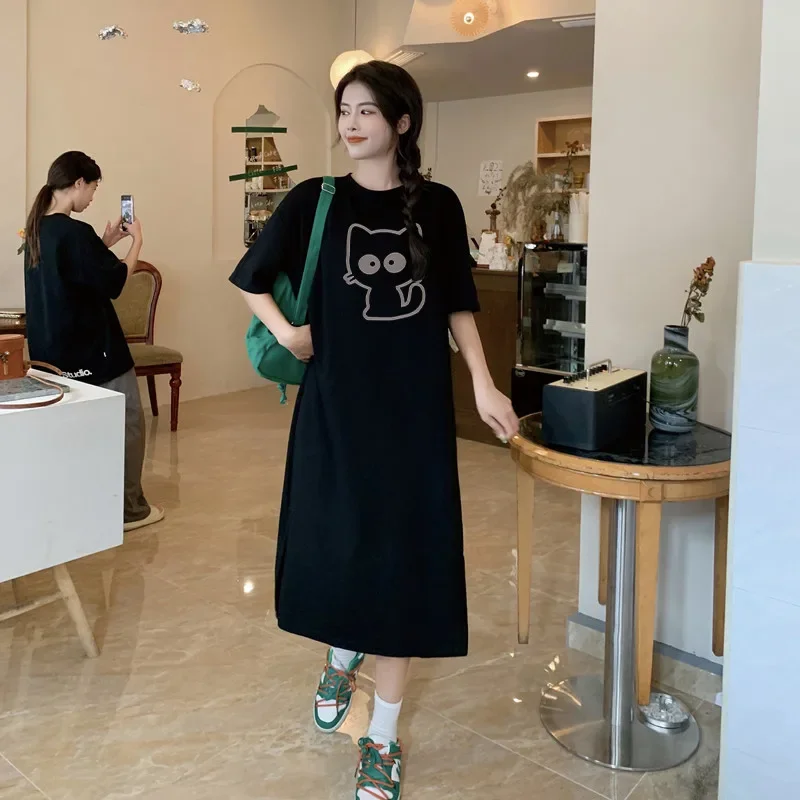 Cartoon cat print short-sleeved women's new summer and autumn loose round neck home dress