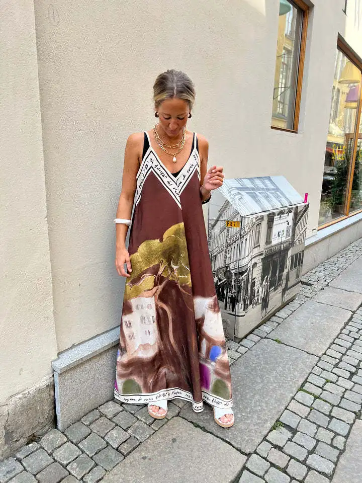 Casual Boho Printed Dress For Women Loose V-neck Suspender A-line Big Hem Long Dress Summer Fashion Vacation Style Dresses