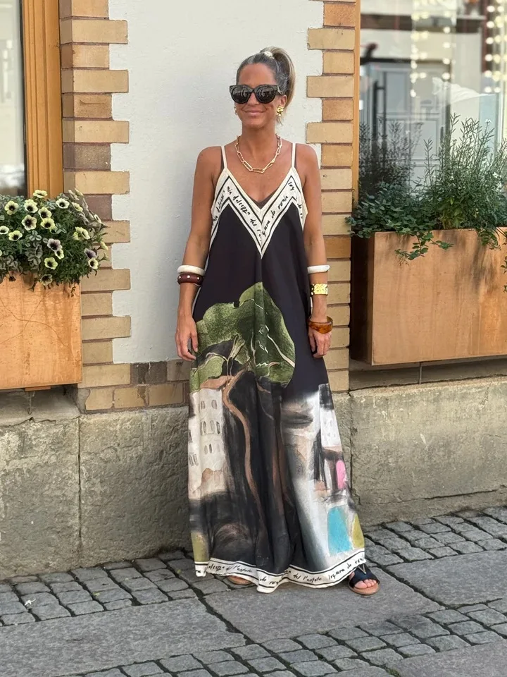 Casual Boho Printed Dress For Women Loose V-neck Suspender A-line Big Hem Long Dress Summer Fashion Vacation Style Dresses