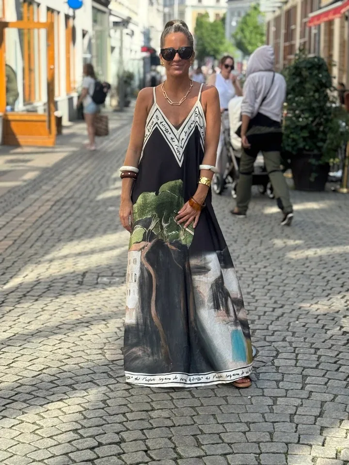 Casual Boho Printed Dress For Women Loose V-neck Suspender A-line Big Hem Long Dress Summer Fashion Vacation Style Dresses