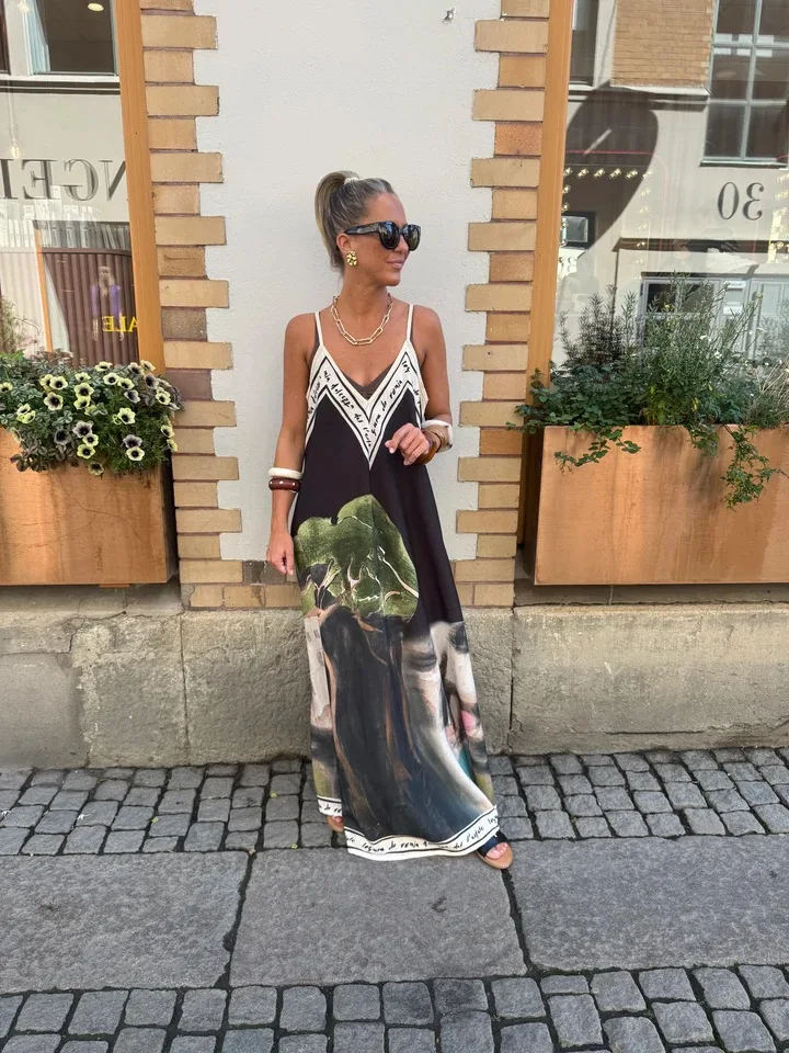 Casual Boho Printed Dress For Women Loose V-neck Suspender A-line Big Hem Long Dress Summer Fashion Vacation Style Dresses