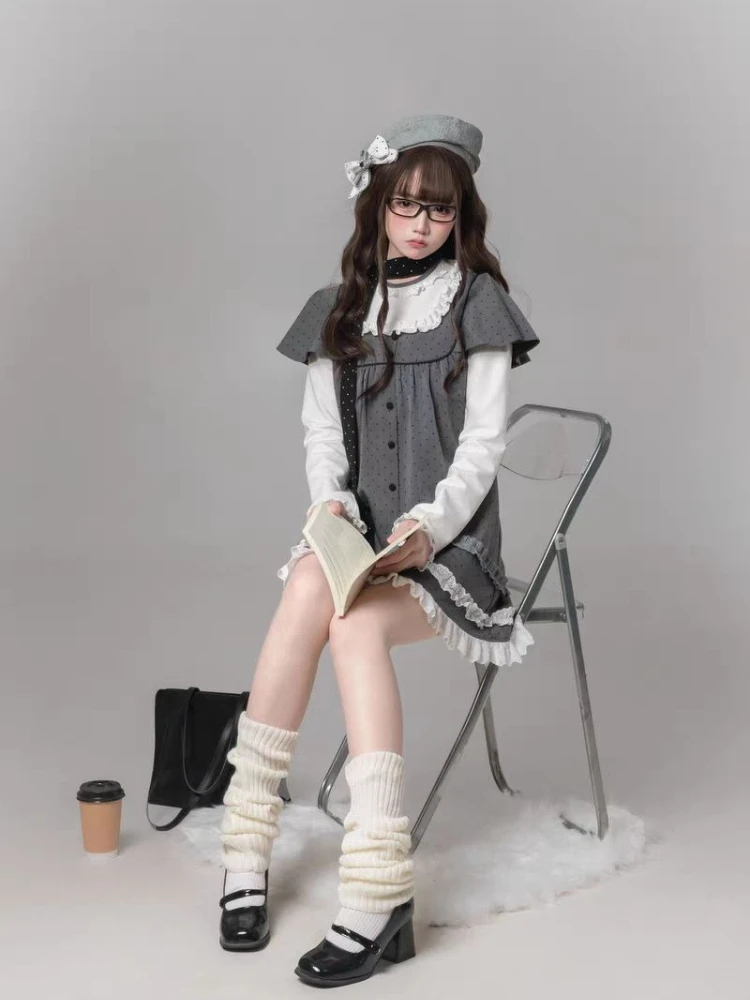 2000s Harajuku Kawaii Lolita Dress Y2k Patchwork Sweet Long Sleeve Short Party Dress Vintage Fake 2 Piece One Piece Dress Korean