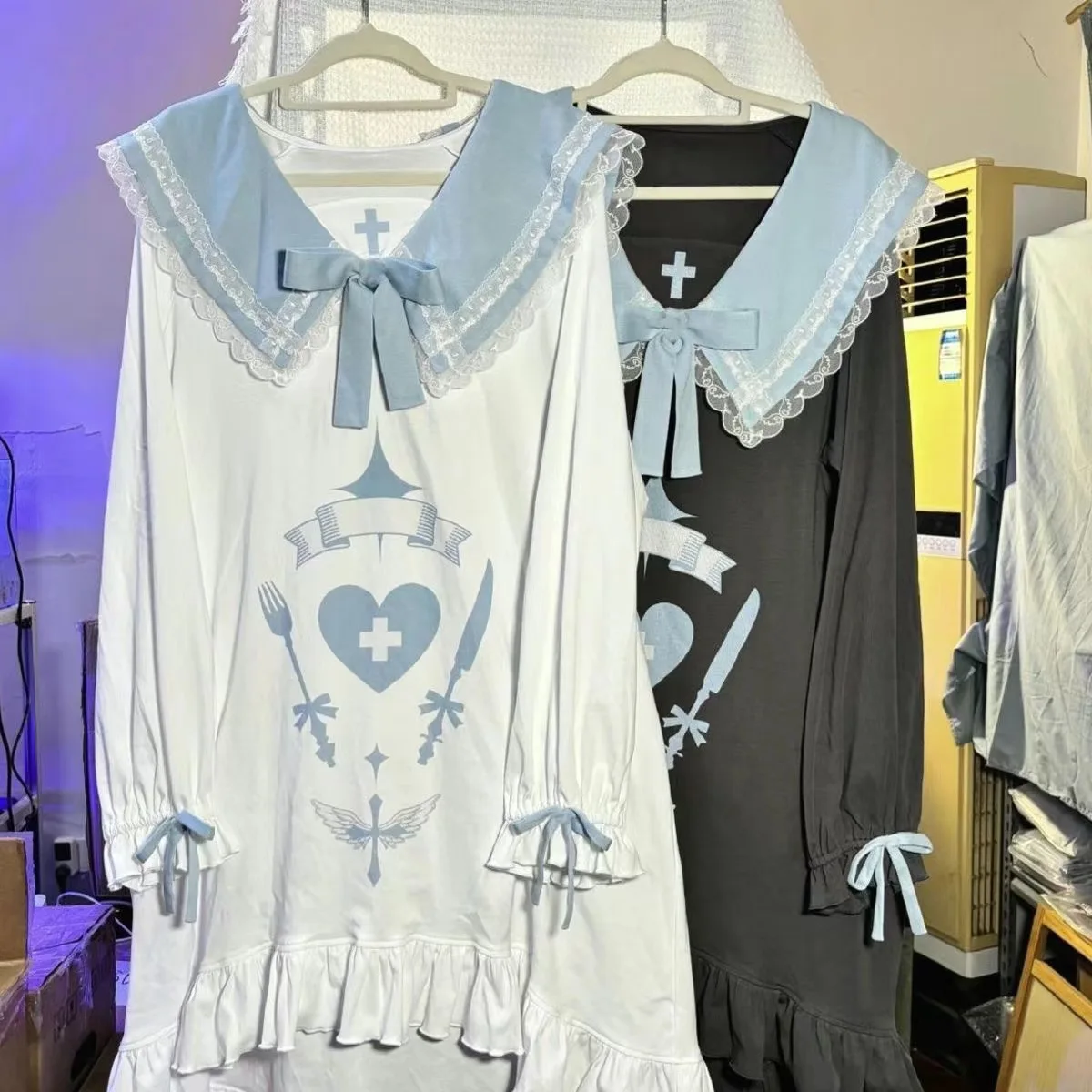 2000s Harajuku Kawaii Lolita Dress Y2k Patchwork Sweet Long Sleeve Short Party Dress Vintage Fake 2 Piece One Piece Dress Korean