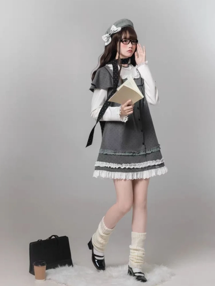 2000s Harajuku Kawaii Lolita Dress Y2k Patchwork Sweet Long Sleeve Short Party Dress Vintage Fake 2 Piece One Piece Dress Korean