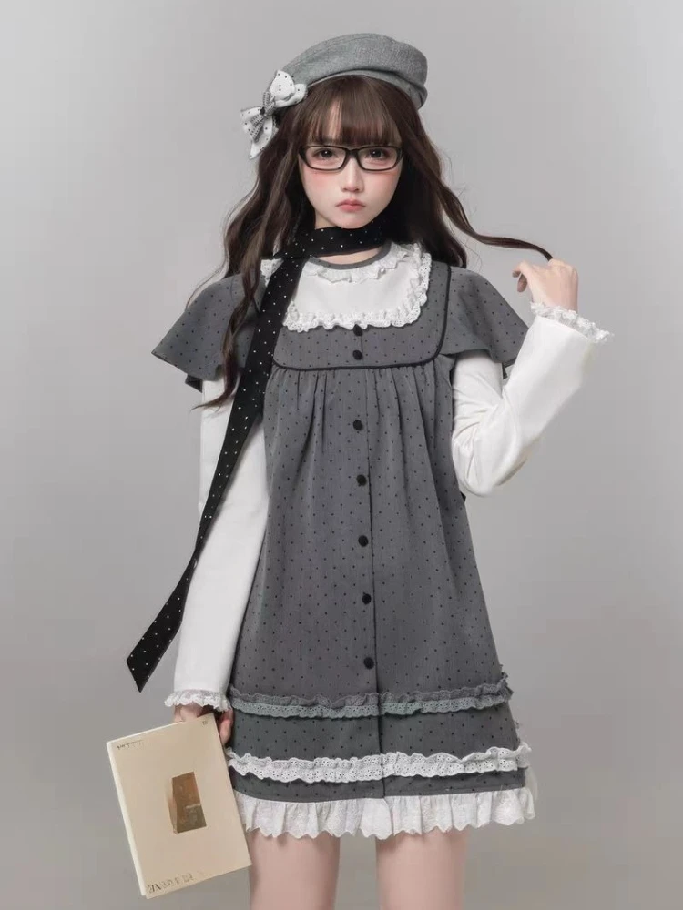 2000s Harajuku Kawaii Lolita Dress Y2k Patchwork Sweet Long Sleeve Short Party Dress Vintage Fake 2 Piece One Piece Dress Korean