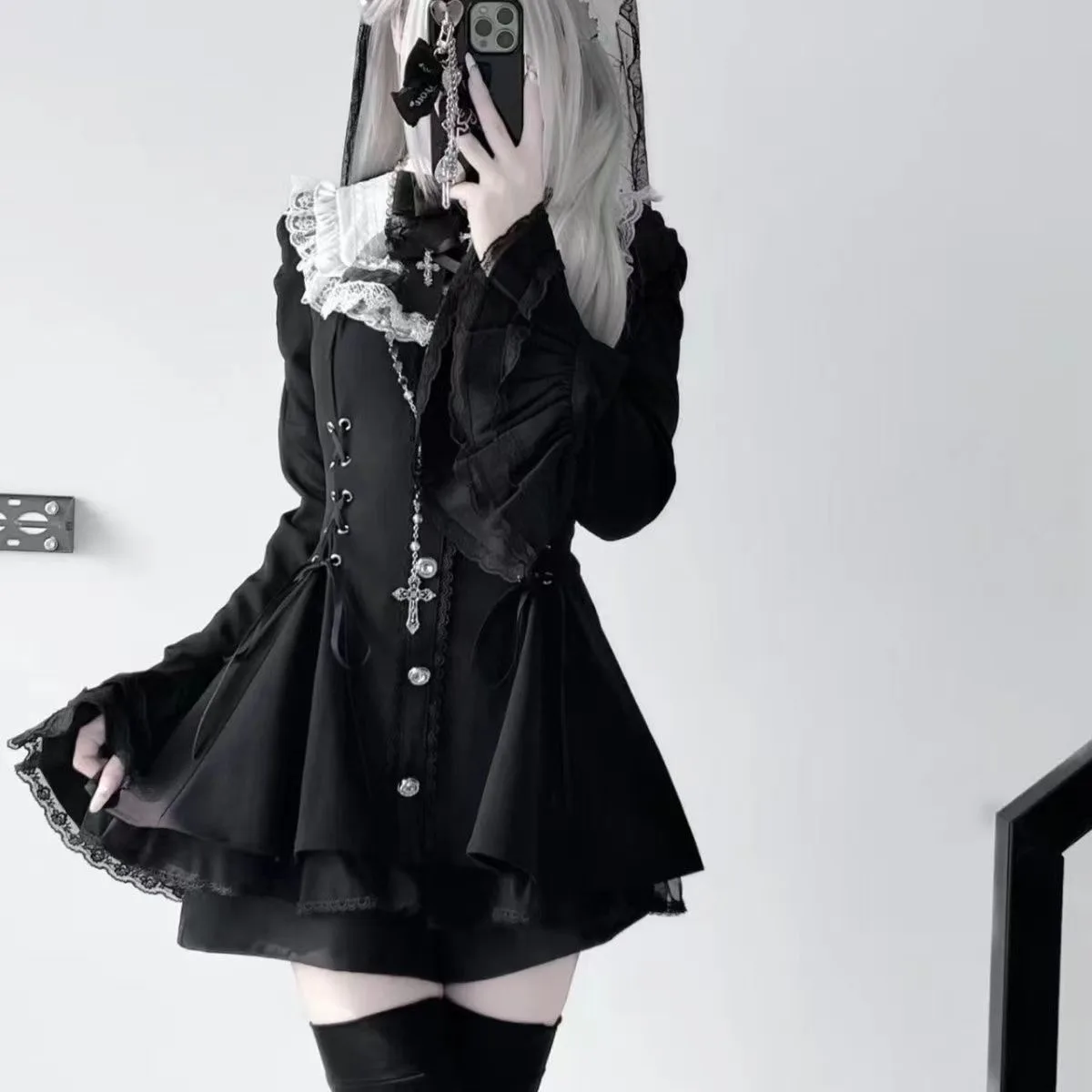 2000s Harajuku Kawaii Lolita Dress Y2k Patchwork Sweet Long Sleeve Short Party Dress Vintage Fake 2 Piece One Piece Dress Korean