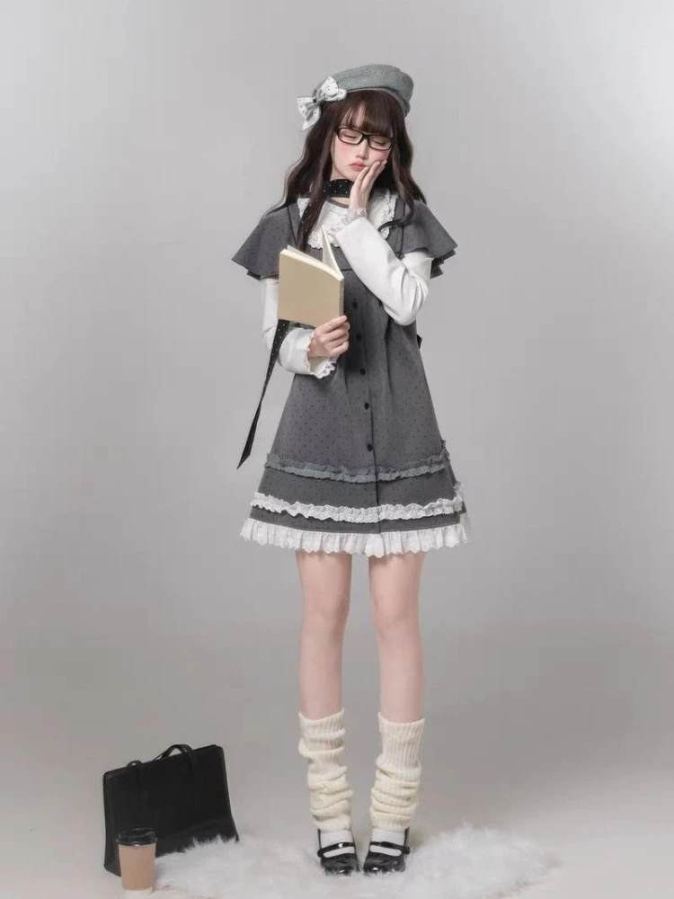 2000s Harajuku Kawaii Lolita Dress Y2k Patchwork Sweet Long Sleeve Short Party Dress Vintage Fake 2 Piece One Piece Dress Korean