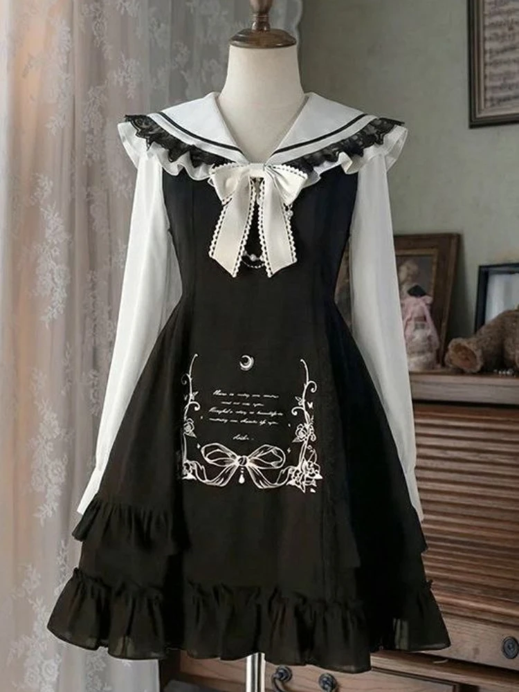 2000s Harajuku Kawaii Lolita Dress Y2k Patchwork Sweet Long Sleeve Short Party Dress Vintage Fake 2 Piece One Piece Dress Korean