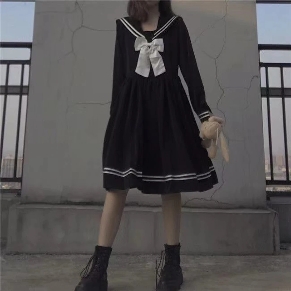2000s Harajuku Kawaii Lolita Dress Y2k Patchwork Sweet Long Sleeve Short Party Dress Vintage Fake 2 Piece One Piece Dress Korean