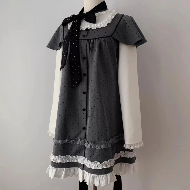 2000s Harajuku Kawaii Lolita Dress Y2k Patchwork Sweet Long Sleeve Short Party Dress Vintage Fake 2 Piece One Piece Dress Korean