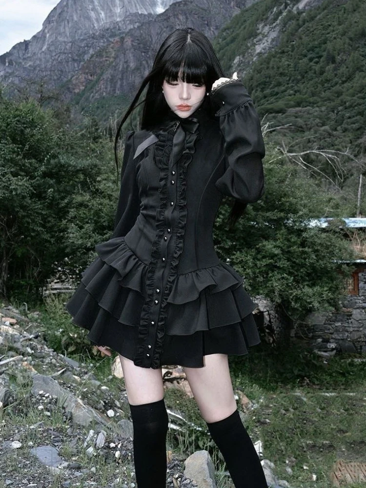 2000s Harajuku Kawaii Lolita Dress Y2k Patchwork Sweet Long Sleeve Short Party Dress Vintage Fake 2 Piece One Piece Dress Korean